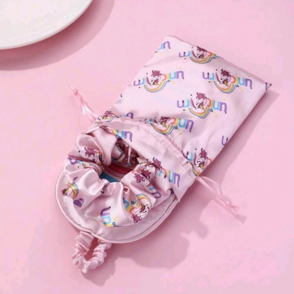 Cute Pink Unicorn Sleep Mask Scrunchie And Pouch Satin Accessory Set